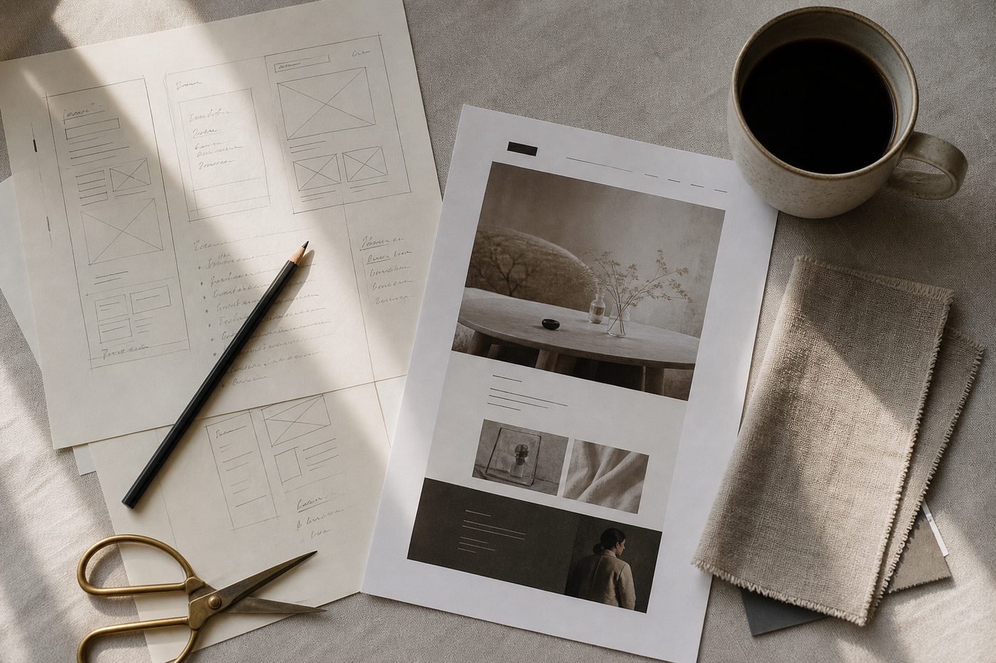 Atelier desk: page sketches, a pencil, a cup of coffee